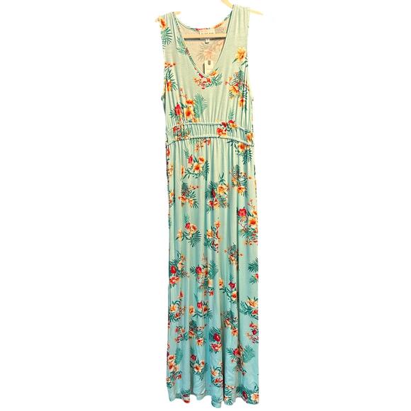 NWT Boho Cottage Maxi Dress Olive + Oak Size Medium Mint Green Floral Knit Comfy - Picture 1 of 9